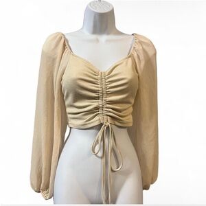 SHEIN Cream Sweetheart Neck Drawstring Lantern Sleeve Crop Top.